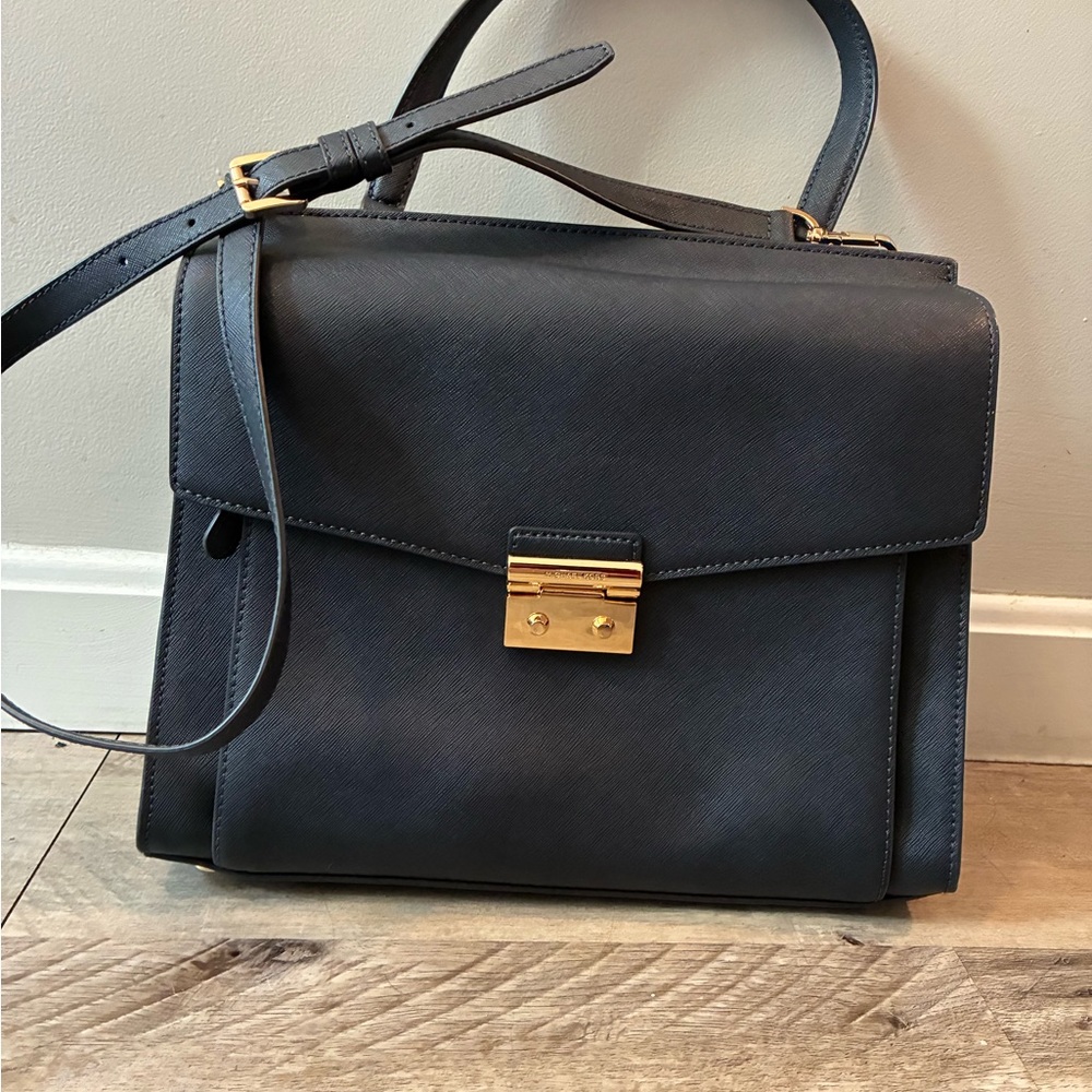 Michael Kors Polly Large Saffiano Leather Satchel – Navy Blue